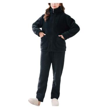 Imagem de Conjunto de pijama masculino de flanela de cor sólida, conjunto de pijama com bolso, conjunto de 2 peças, Preto, XXG