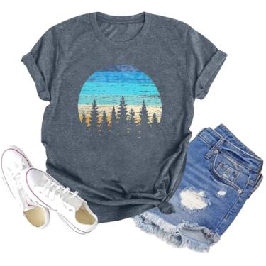 Imagem de Camiseta feminina Sunset Pine Tree, estampa retrô, estampa de sol, casual, manga curta, A-r Azul claro, GG