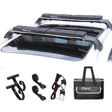 Imagem de MIND&ACTION Rack de teto macio universal para carro para caiaque, canoa, prancha de surf, SUP, snowboard, sistema de suporte de teto, inclui 2 tiras de amarração de 4,8 m, 2 cordas de polia de catraca, 2 passadores de capô e bolsa de armazenamento