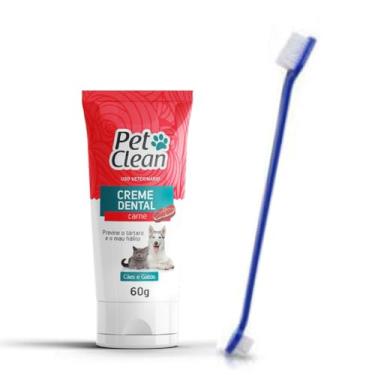 Imagem de Kit Creme Dental Carne Pet Clean e Escova de Dente Previne o Mau Hálito Higiene Bucal para Cachorros e Gatos
