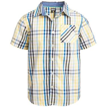 Imagem de DKNY Camisa para meninos - Camisa de botão de manga curta de ajuste clássico - Camisa casual com gola para meninos (4-20), Xadrez amarelo/azul, 6