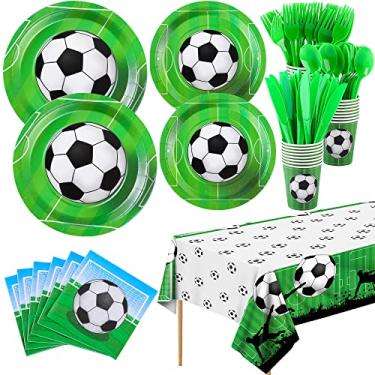 Imagem de ADXCO Conjunto de artigos de festa com tema de futebol com 169 peças descartáveis para mesa, pacote de festa de futebol, incluindo pratos de papel, copos, guardanapos, garfos, colheres, facas para eventos esportivos de aniversário, serve 24 convidados