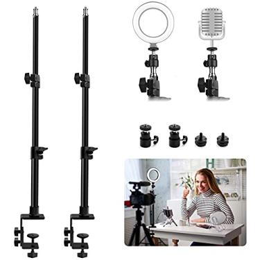 Imagem de Obeamiu Pacote com 2 suportes de luz de montagem em C, suporte de mesa ajustável de 53 a 119 cm para câmera DSLR, anel de luz, monitor de vídeo, microfone e webcam