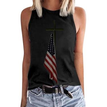 Imagem de Camiseta regata com bandeira americana patriótica feminina, 4 de julho, sem mangas, listras estrelas, tops para o Memorial Day, Preto, G