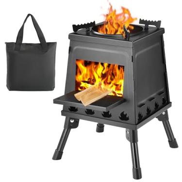 Imagem de Fogão a lenha, fogão a lenha de acampamento, pequeno fogão de madeira de ferro fundido portátil: solução compacta para cozinhar ao ar livre com bolsa de transporte (pequeno)