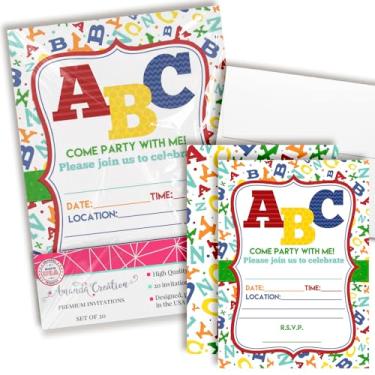 Imagem de Convites de festa de aniversário de aprendizagem com letras do alfabeto ABC, 20 cartões de 12,7 cm x 17,7 cm com vinte envelopes brancos da AmandaCreation