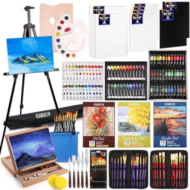Imagem de ESRICH Conjunto de pintura artística de luxo, 141 peças, suprimentos de pintura com 84 tintas (óleo, aquarela, tinta acrílica) cavaletes de metal e madeira, tela, blocos de papel, pincéis, etc. para