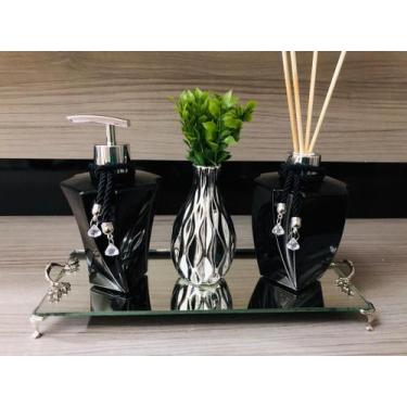 Imagem de Kit Lavabo Luxo Preto Prata 4 Peças Aromatizador Sabonete - Ateliê Cri