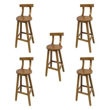 Imagem de Kit 5 Bancos Altos Bistrô de Madeira com Encosto Girafa Ideal para Bar
