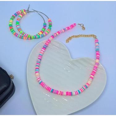 Imagem de Kit Conjunto Colar e Brincos Miçangas Disco Disquinhos Fimo Coloridos 