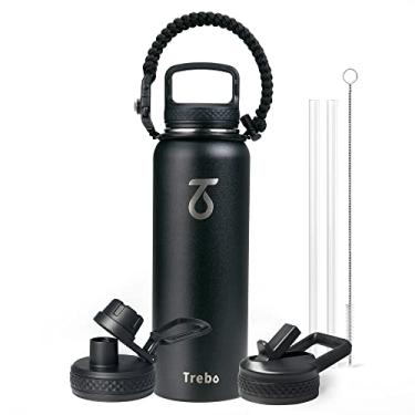 Imagem de Garrafa térmica de água Trebo com tampa e canudo, esportiva, de aço inoxidável com parede dupla a vácuo, alça de paracord, mantém quente 24 h/frio 48 h, jarra com 3 tampas, 1,2 L, preta