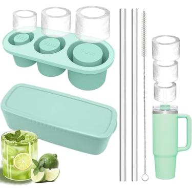 Imagem de Bandeja de cubo de gelo para copo de 850 g - 1,134 g com canudo, 3 peças de molde de gelo cilíndrico oco de silicone grande com tampa e caixa para freezer, bebida gelada, suco, uísque, coquetéis