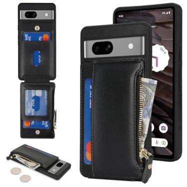 Imagem de Cavor Capa carteira para Google Pixel 7a, carteira Pixel 7a para mulheres e homens, capa de telefone para Pixel 7a com suporte para cartão, bolso com zíper de couro, compartimentos para cartões -