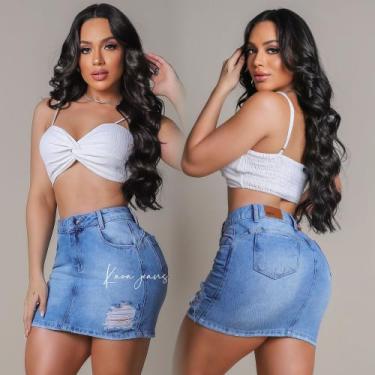 Imagem de Saia Jeans Feminina Cintura Alta luxo mini saia Feminina Levanta Bumbu