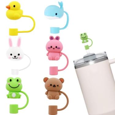 Imagem de Mocbovni Pacote com 6 protetores de palha 3D para animais, capas de palha de silicone macio, adequado para canudo de 10 mm, compatível com Stanley Cup 30 e 1,134 g, acessórios protetores de palha à