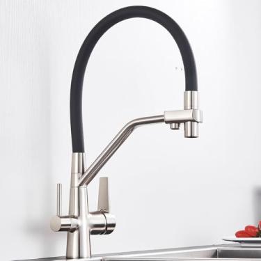 Imagem de Torneira de cozinha com filtro, torneira purificadora de latão dourado escovado, torneira de água potável, misturador de pia, níquel escovado