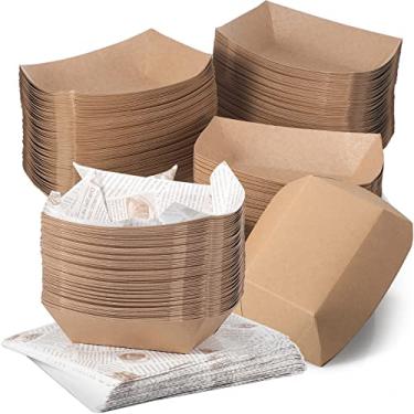 Imagem de Spakon 1000 Peças de Barcos de Papel para Alimentos, Bandejas Descartáveis de Papel Kraft Marrom e Forro Deli À Prova de Graxa, Papelão Revestido Resistente de 3 Lb e Papel de Cera Contém Nacho, Taco,