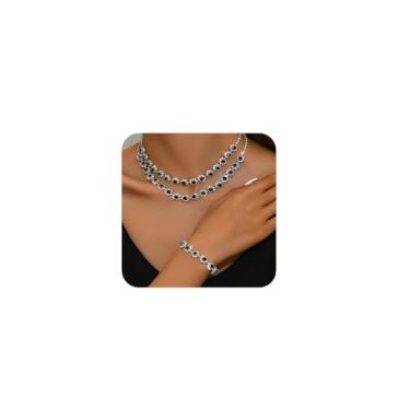 Imagem de fxmimior Boho Prata Moda Formatura Brilhante Azul Strass Colar Brincos Pulseira Conjunto Gargantilha Sexy Camadas Delicadas Colar Preto Halloween Vermelho Natal Colar para Mulheres, Metal, Cristais