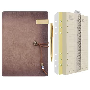 Imagem de Notebook e caneta de papel forrado em couro A5 A6 da Wonderpool – 6 anéis recarregáveis para escrever em espiral com blocos de anotações com pauta, capa vintage para trabalho de escritório e agenda de plano, a-Sorrel marron, A5