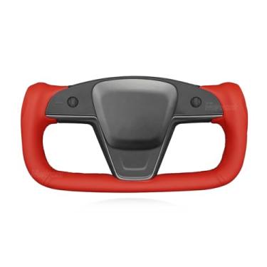 Imagem de MEWANT Capa de volante de carro de couro PU vermelha costurada à mão para Tesla Yoke Model S Plaid 2021-2023 / Model X 2021-2023 Acessórios de volante para Tesla Yoke