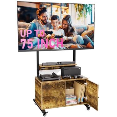 Imagem de KAMIWI Centro De Entretenimento Com Suporte Para Tv, Suporte Para Tv Com Rodinhas E Armário De Armazenamento Para Tela De 32 A 75 Pol., Suporte Alto Para Tv Com Rodas E Mesa Dobrável, Suporte Móvel P