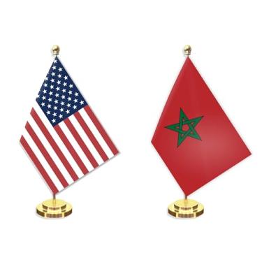 Imagem de Conjunto de 2 unidades de bandeira pequena de mesa marroquino americana, mini banner de mesa marroquinos de 12 × 20 cm, decoração de poste sólido de metal de 30,48 cm, faixa de poliéster impressa