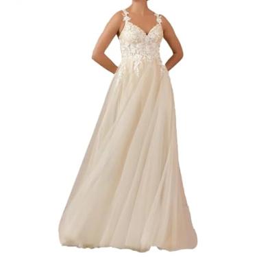 Imagem de Vestido de noiva branco de renda simples para noiva com decote em V, sem mangas, floral, vestido de noiva para mulheres, Champanhe branco diamante, 15 Plus size