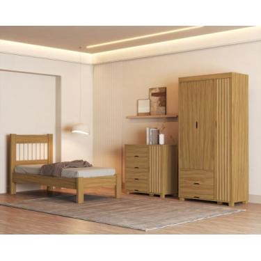 Imagem de Quarto de Solteiro Cama MDF Com Estrado Madeira Comoda 4 Gavetas 1 Por