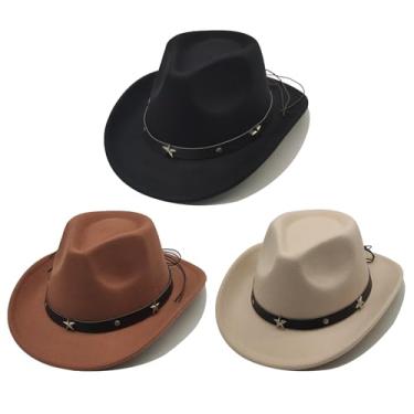 Imagem de 3 peças de chapéu de cowboy infantil unissex para meninas e meninos, chapéu de vaqueira ocidental com cinto de fivela, chapéu Fedora de aba larga, fantasia