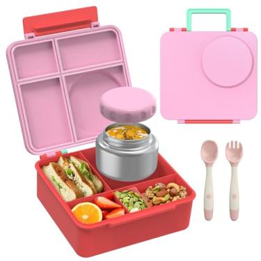 Imagem de Conjunto de lancheira Bento para crianças com garrafa térmica de sopa de 227 g, recipientes de almoço à prova de vazamento com 4 compartimentos, jarra térmica térmica térmica e lancheira para escola