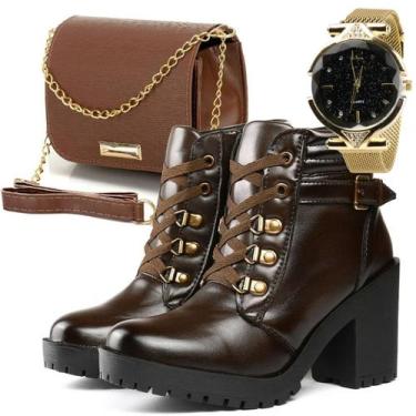 Imagem de Bota Feminina Tratorada Inverno Frio Conforto + Bolsa pequena e relógi