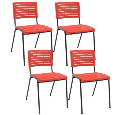 Imagem de Kit 04 Cadeiras Empilhável Fixa Escritório Multiuso Base Preta Kimi P03 Vermelho - Lyam Decor