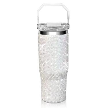 Imagem de HWISDMIG Copo de 850 g com alça e copo cravejado com tampa e canudo isolado copo de água de parede dupla de aço inoxidável caneca de viagem garrafa de água Tumblr para mulheres (850 g branco)