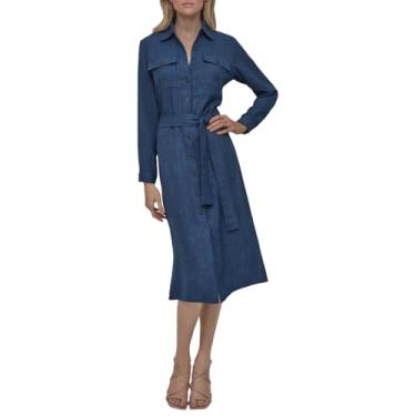 Imagem de DKNY Vestido midi feminino de manga comprida com gola e gravata, Jeans, 40