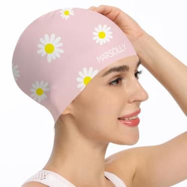 Imagem de Marsolly Touca de natação de silicone para mulheres, touca de natação de cabelo longo impermeável com estampa de flores
