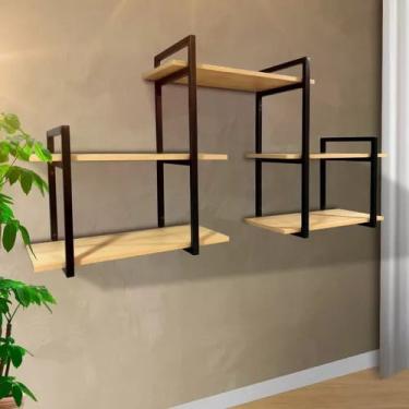 Imagem de Estante Suspensa Estilo Industrial Design Contemporâneo e Elegante c/ Ferro e Madeira p/ Escritório, Sala, Cozinha, Quarto.