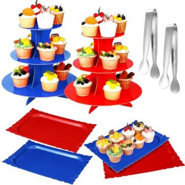 Imagem de Willinglong Conjunto de 8 suportes de bolo com 2 x torre de suporte de cupcake de papelão de 3 camadas, 4 bandejas retangulares para servir, 2 pinças de servir para casamento, chá de panela, formatura