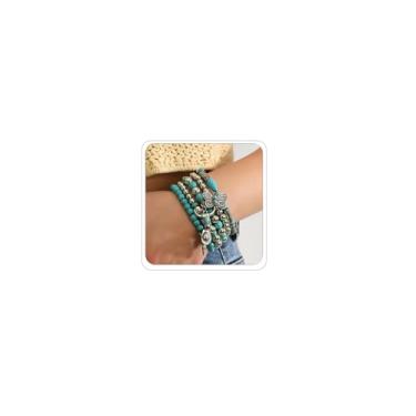 Imagem de LKingel Pulseiras femininas estilo faroeste turquesa boêmia, vintage, empilhável, turquesa, rústico, com contas e cabeça de vaca, pulseira elástica rústica ocidental, acessórios de bijuteria, Large