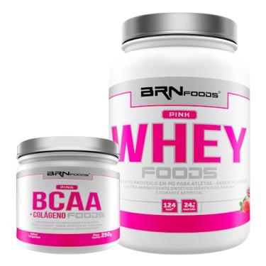 Imagem de KIT Pink Whey Protein Foods 900g + BCAA c/Collagen 250g Tangerina - BRN Foods (Médio, Morango)