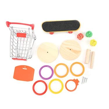 Imagem de Mbeysaq Conjunto de brinquedo de treinamento de inteligência periquito - 4 peças de brinquedo de pássaro com carrinho de skate, cesta de basquete, brinquedo de anel e carrinho de compras