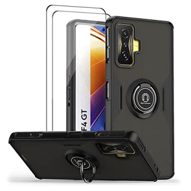 Imagem de QUIETIP Capa compatível com Xiaomi Poco F4 GT & Redmi K50 Gaming, TPU + PC rígido à prova de choque anel magnético suporte para carro capa amortecedora com 2 unidades de película de vidro temperado, preta