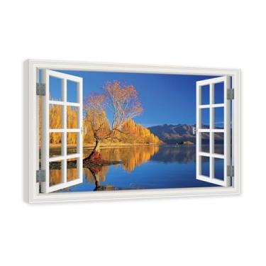 Imagem de PY3H69 Arte de parede em tela de janela aberta, impressão natural em tela. Lindo cenário de montanha 56 cm, decoração de parede de paisagem de janela, decoração de casa moderna. Moldura interna