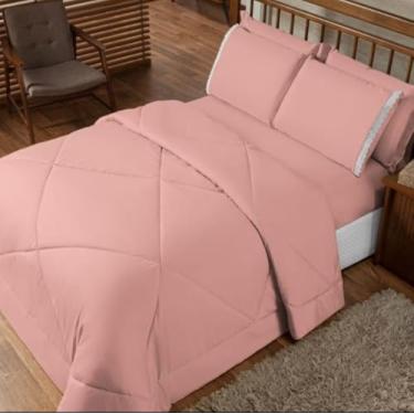 Imagem de Kit Edredom Casal Queen Jogo de Lençol 06 peças Aconchego Dupla Face (Rosê)