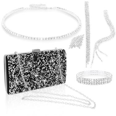 Imagem de ACO-UINT Conjunto de joias de strass com 5 peças de bolsa clutch para mulheres, colar de formatura, brincos, pulseira, anel com glitter, joias formais para mulheres para uso noturno, Metal, Strass