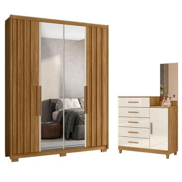 Imagem de Guarda Roupa Solteiro Califórnia e Cômoda Lisboa Freijó Off White com Espelho - Moval