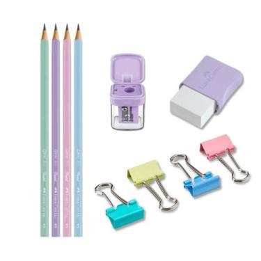 Imagem de Kit escolar com lápis + apontador + borracha + marca texto Faber-Caste