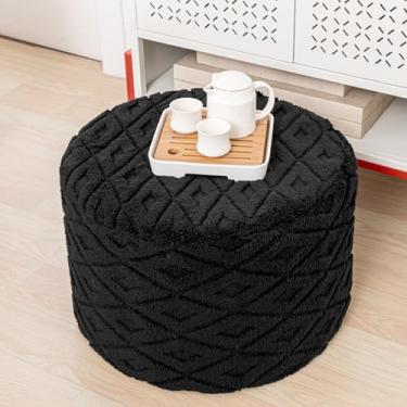 Imagem de AbunHeri Pufe Otomano Redondo Fofo com Enchimento de Espuma All-in-One 50,8 cm x 35,5 cm Banco de pés pufe peludo otomano para sala de estar ou quarto (preto)