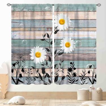 Imagem de Cortinas de margarida de fazenda, flor de madeira rústica, retrô, azul, branco, floral, primavera, estilo rural, estilo rural, blackout para janela, tratamentos para sala de estar, quarto, cozinha