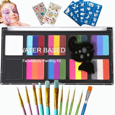 Imagem de UDUOLER Kit Profissional De Pintura Facial Com Estênceis - 10 Paletas Tinta Para Bolo Divididas, Maquiagem Arco-Íris Não Tóxica Ativada Por Água Crianças, Adultos, Festas, Halloween, Natal