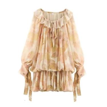 Imagem de Vestido Feminino Retro Estampado Primavera 2025 Elegante Relaxado Mini